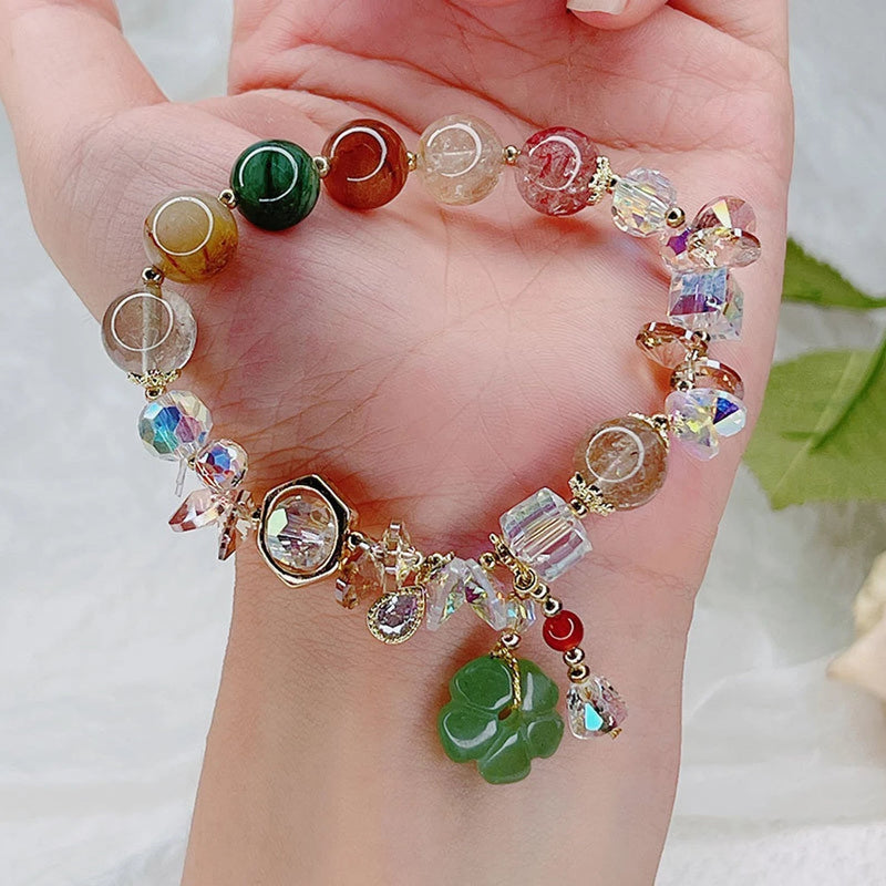 Green Floral Bead Jade Strawberry Crystal Bracelet