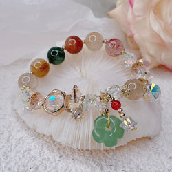 Green Floral Bead Jade Strawberry Crystal Bracelet