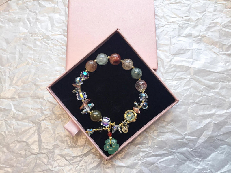 Green Floral Bead Jade Strawberry Crystal Bracelet