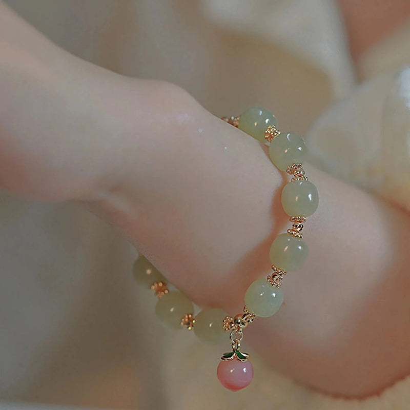 Women's Hetian Jade Beads Bracelet with Peach Charm