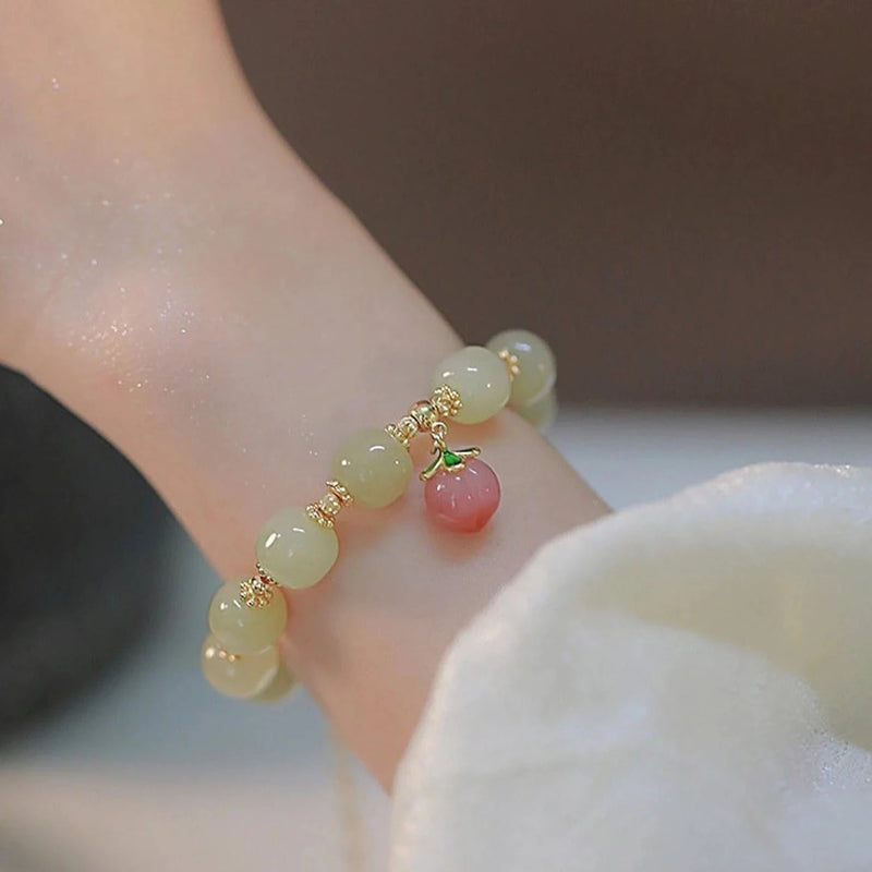 Women's Hetian Jade Beads Bracelet with Peach Charm