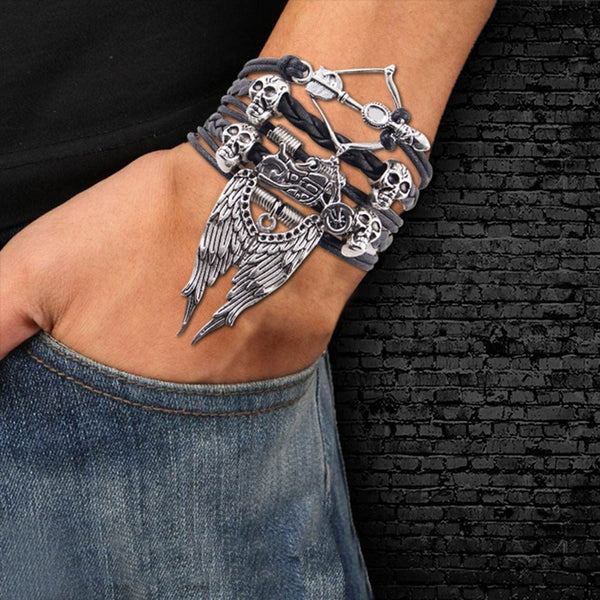 Arrow Skull Angel Wing Biker Bracelet