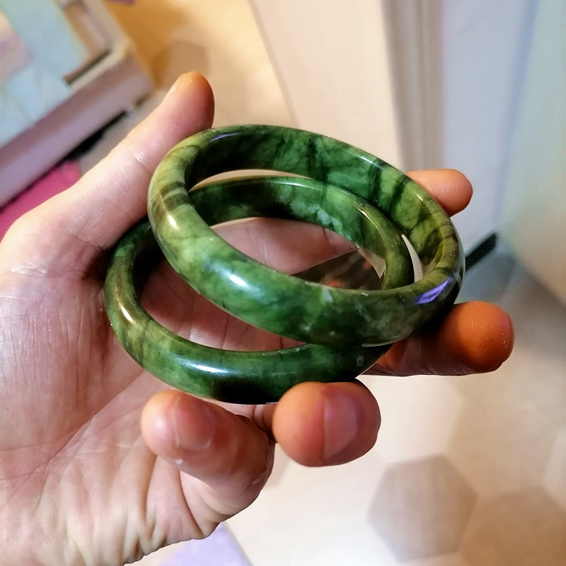 Natural Green White Hand Carved Jade Bracelet